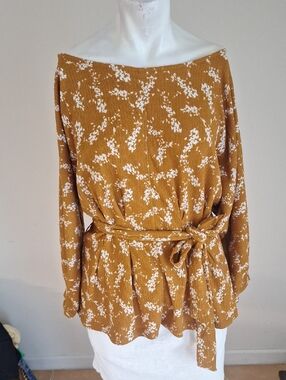 Anthropologie Lovely Casual  Boho Mustard Floral Belted Blouse Sz L